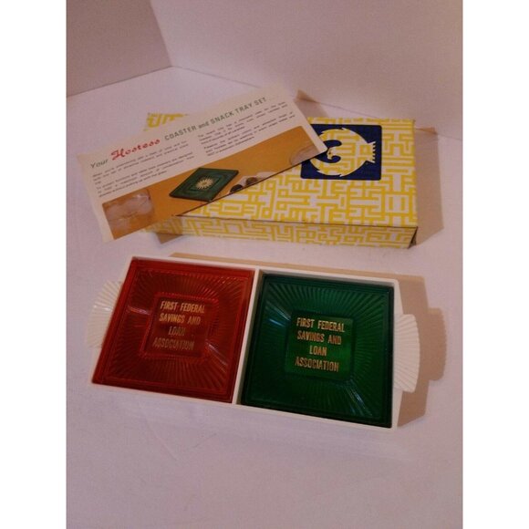 Multi-colored set of 4 Coaster Set with Snack Tray ACRYLIC Plastic Advertising - Picture 1 of 3